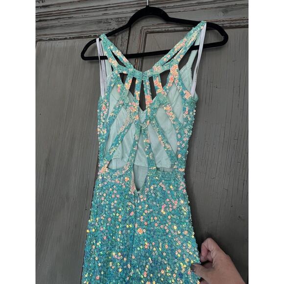 Primavera Sequin Aqua Green dress Prom Full Length size 2 maxi evening gown - Picture 7 of 11